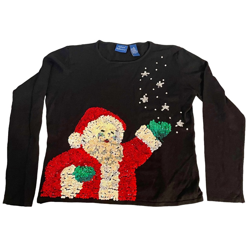 Natural Reflections Sequin Santa w/ Snowflakes Long Sleeve Shirt Blouse Size M